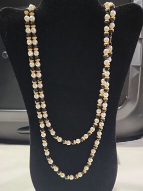 Vintage Pearl and Gold Necklace with Black Accents